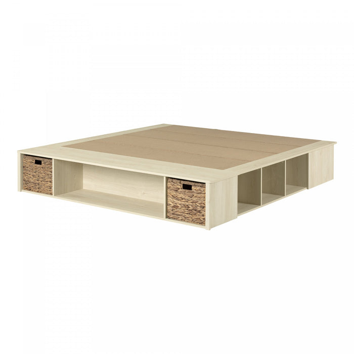 Avilla Storage Platform Bed With Wicker Baskets - Bleached Oak | Avilla Lit Avec Paniers De Rangement En Osier Inclus - Chene Blanchi