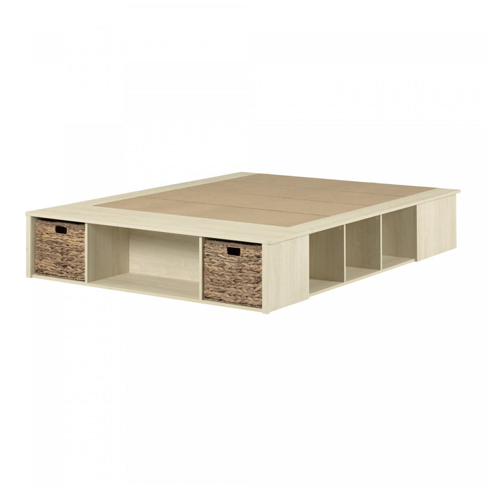 Avilla Storage Platform Bed With Wicker Baskets - Bleached Oak  |  Avilla Lit Avec Paniers De Rangement En Osier Inclus - Chene Blanchi