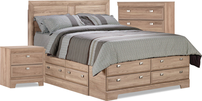 Yorkdale Light 5-Piece Queen Storage Bedroom Package with Chest and Nightstand|Ens. Yorkdale 5pcs de couleur claire avec grand lit de rangement, commode verticale, table de nuit