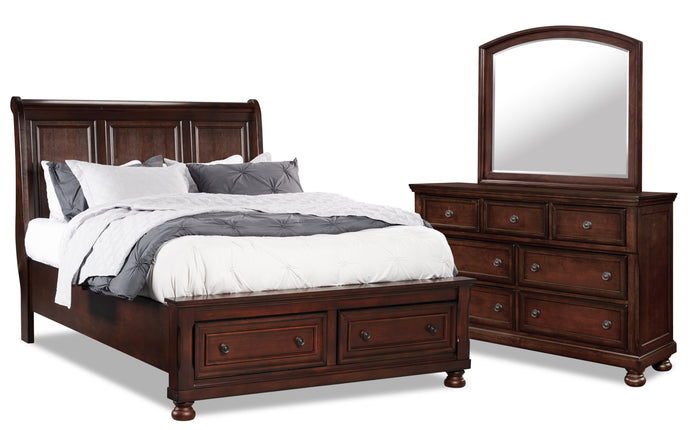 Chelsea 5pc Bedroom Set with Storage Bed, Dresser & Mirror, Cherry Brown - King Size | Ensemble de chambre à coucher Chelsea 5 pièces avec lit de rangement, commode et miroir, brun cerisi…