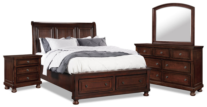 Chelsea 6pc Bedroom Set with Storage Bed, Dresser, Mirror & Nightstand, Cherry Brown - Queen Size | Ensemble de chambre à coucher Chelsea 6 pièces avec lit de rangement, commode, miroir et table de nu…