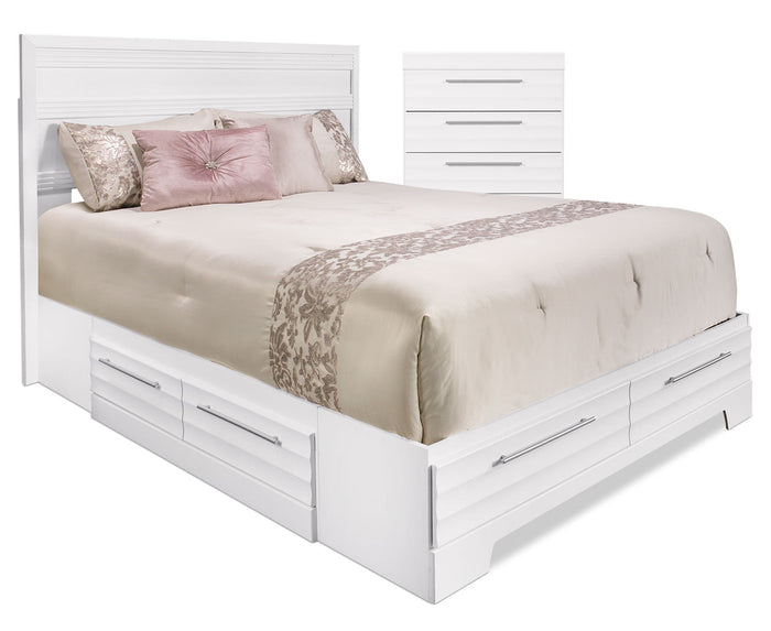 Olivia 4-Piece Full Storage Bed and Chest Package – White|Ens. de chambre à coucher Olivia 4 pièces avec lit double de rangement et commode verticale - blanc