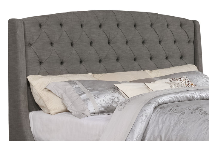 Oslo Upholstered Wingback Headboard in Grey Fabric, Button Tufted - King Size | Tête de lit rembourrée à oreilles Oslo en tissu gris avec capitonnage à boutons - format très grand lit