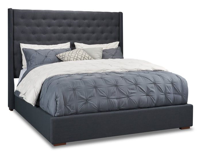 Madrid Upholstered Wingback Bed in Grey Fabric, Button Tufted - King Size | Lit rembourré à oreilles Madrid en tissu gris avec capitonnage à boutons - format très grand lit