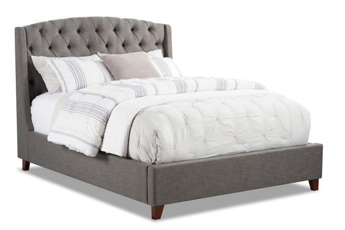 Oslo Upholstered Wingback Bed in Grey Fabric, Button Tufted - Queen Size | Lit rembourré à oreilles Oslo en tissu gris avec capitonnage à boutons - format grand lit