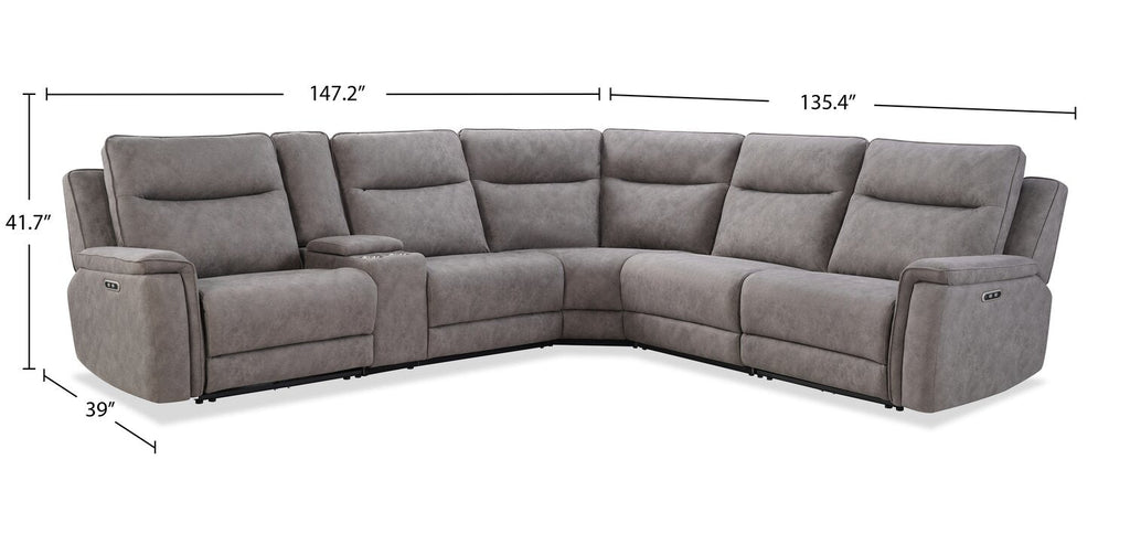 Caleb 6-Piece Power Reclining Sectional with Storage Console and USB Port - Grey | Sofa sectionnel à inclinaison électrique Caleb 6 pièces avec console de rangement et port USB - gris