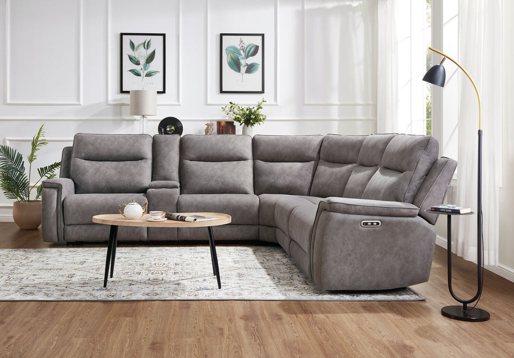 Caleb 6-Piece Power Reclining Sectional with Storage Console and USB Port - Grey | Sofa sectionnel à inclinaison électrique Caleb 6 pièces avec console de rangement et port USB - gris