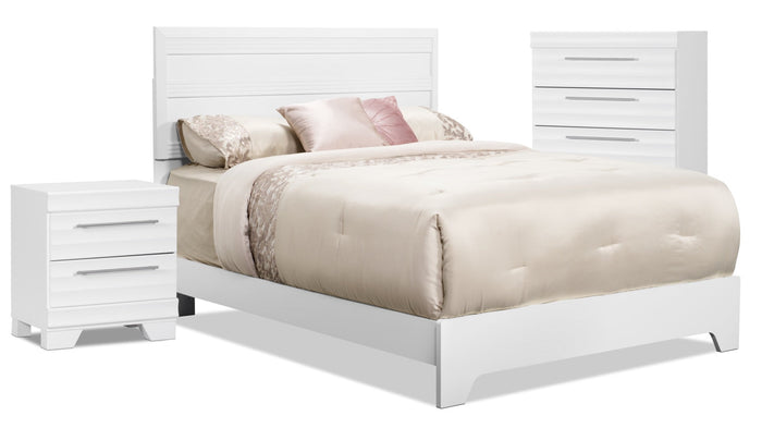 Olivia 5-Piece Queen Bedroom Package with Chest and Nightstand – White|Ens. de chambre à coucher Olivia 5 pcs avec grand lit, commode verticale et table de nuit - blanc